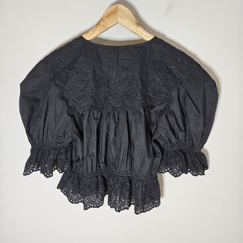 Sofie The Label Emi Eyelet Top Blouse Black Puff Sleeves M Medium - Picture 3 of 7